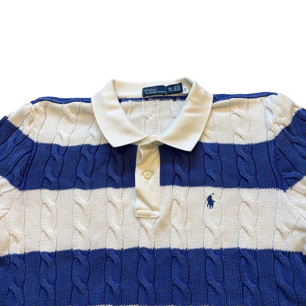 Polo Ralph Lauren Slim Fit Cable Knit Polo Shirt Blue White Striped XXL Womens